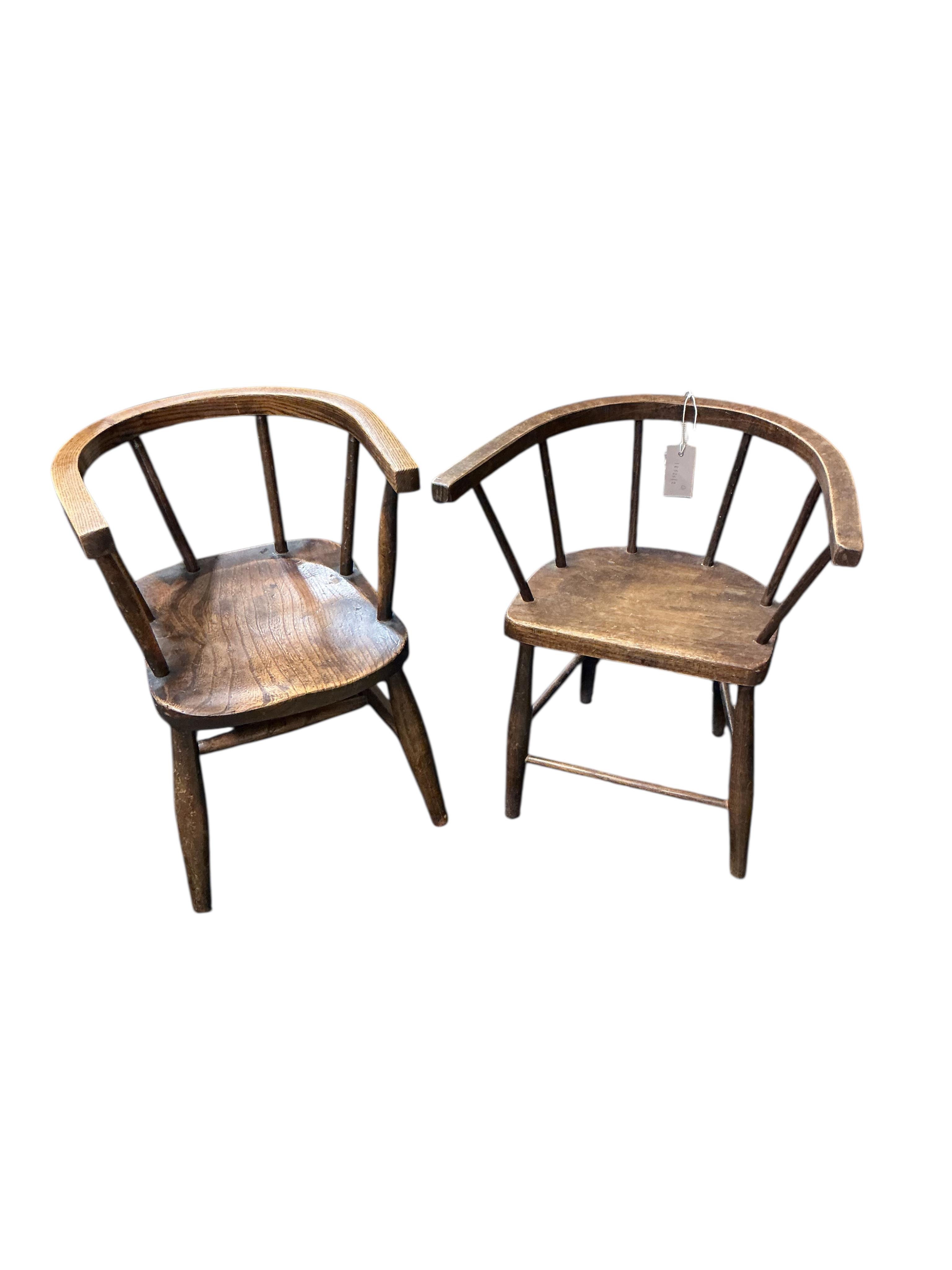 A Victorian mahogany child's rocking lambing commode chair, height 71cm and two later primitive style child’s chairs